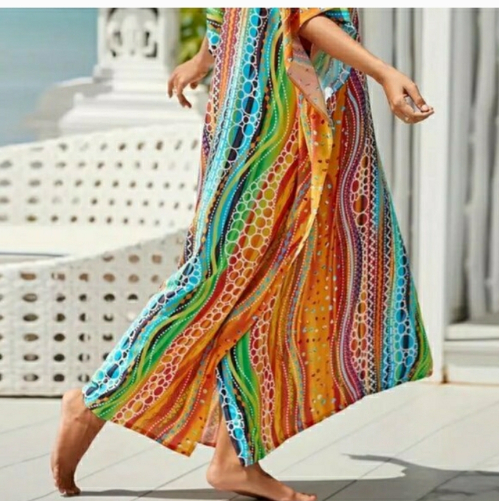 Kaftan Dress Cover Up Swim Maxi Wavy Sunshine 2X Plus Size NEW 🌈 LAST 1 🌞 - Picture 9 of 13